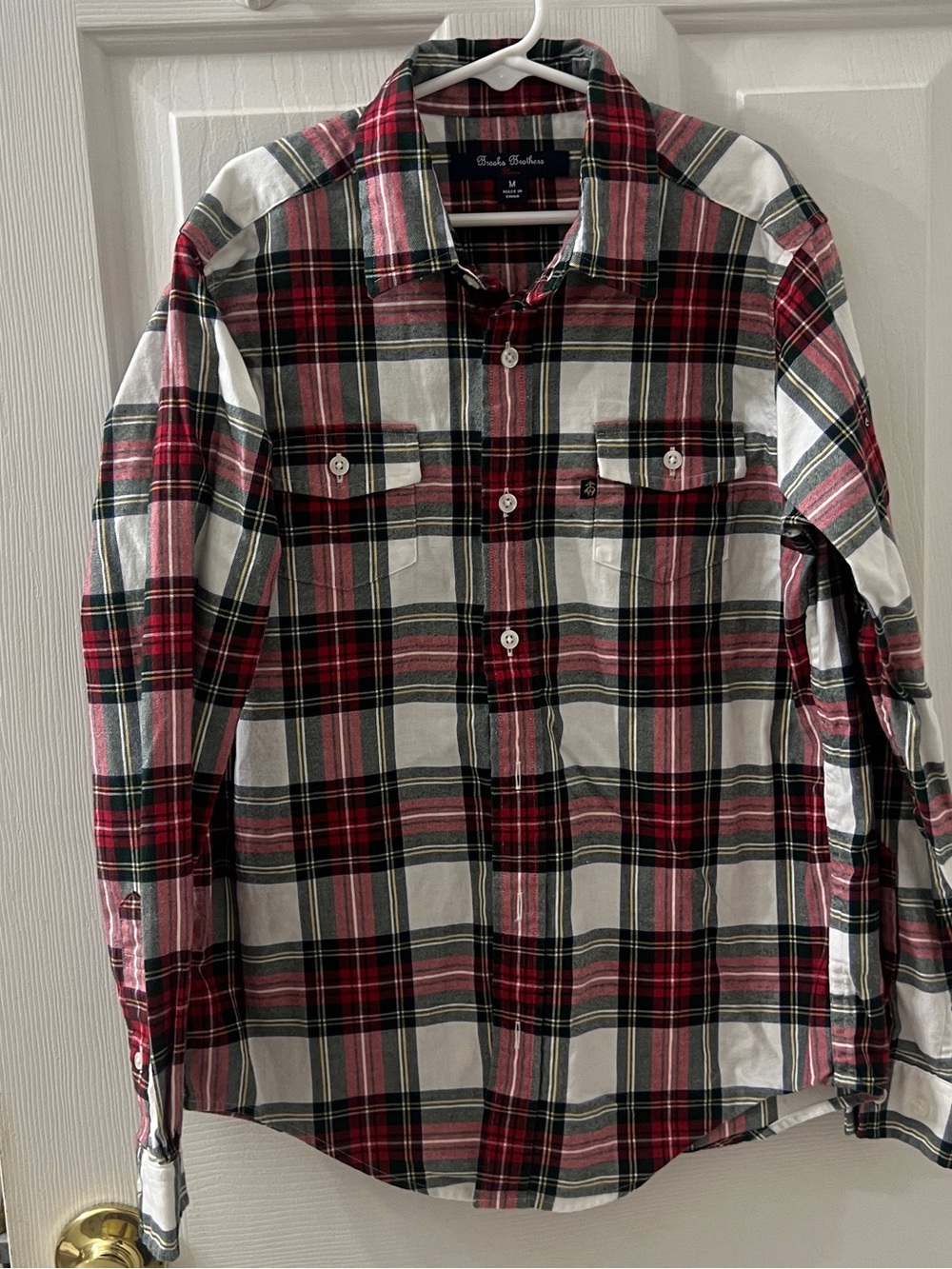 Brooks Brothers Boys Fleece Cotton Red White Plaid Button Up Shirt Sz M (9-12)